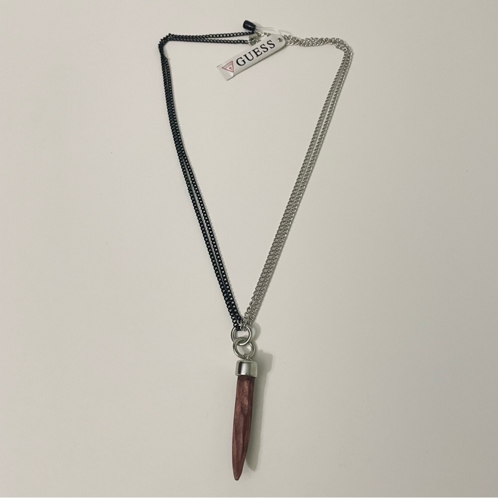 Guess Two Tone Chain Wood Look Horn Necklace